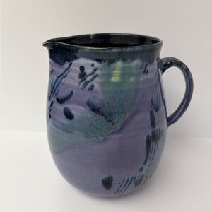 Stunning Navy Green Purple Large Handmade Ceramic Pitcher Glazed‎ Signed Pottery